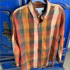 Orange rust beige burgundy wide CHECKERED PLAID Shirt 2XL mens soft cotton poly